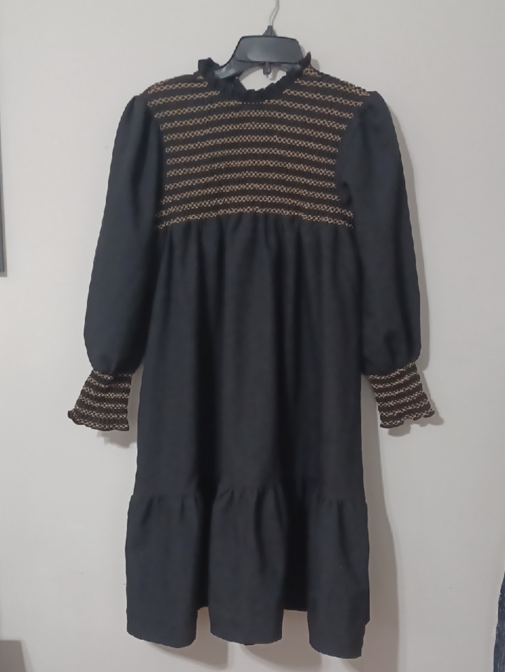 VELVETTE LABEL black dress with tan stitch detailing. NWT. Size 14